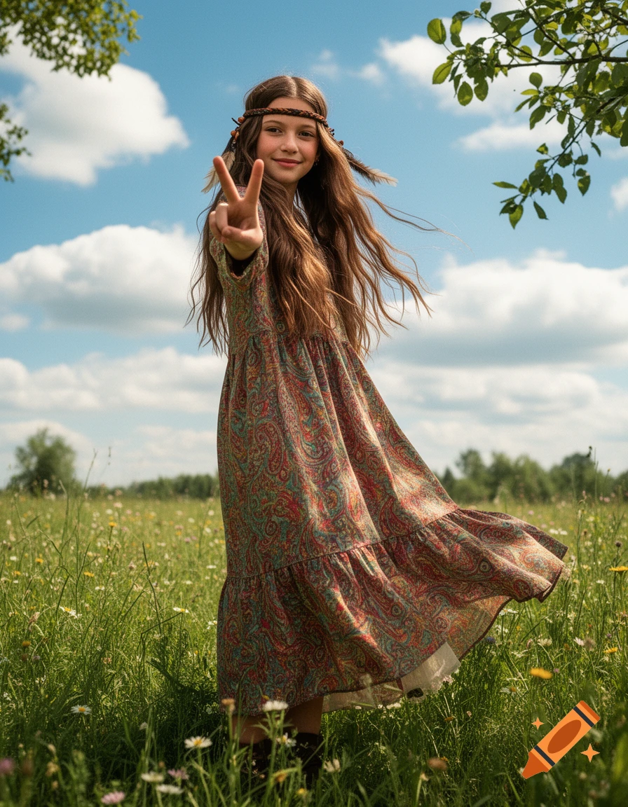 Photorealistic portrait of a young girl with long brown hair and a hippie headband, making a peace sign in a sunny field.