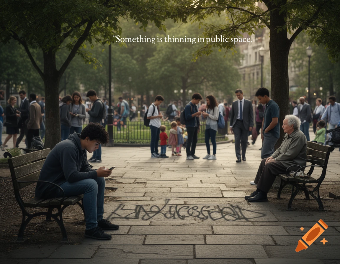 A public park scene with a crowd of people, some looking at phones. Text overlay reads "Something is thinning in public space." Graffiti is on the pavement.