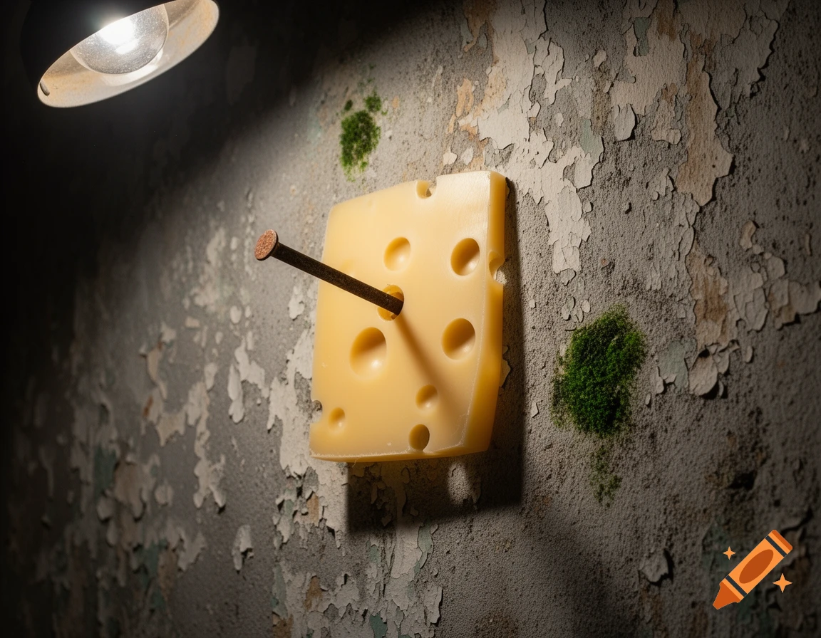 A slice of Swiss cheese is nailed to a dirty, peeling wall under a harsh light, with green moss patches nearby in a photorealistic style.