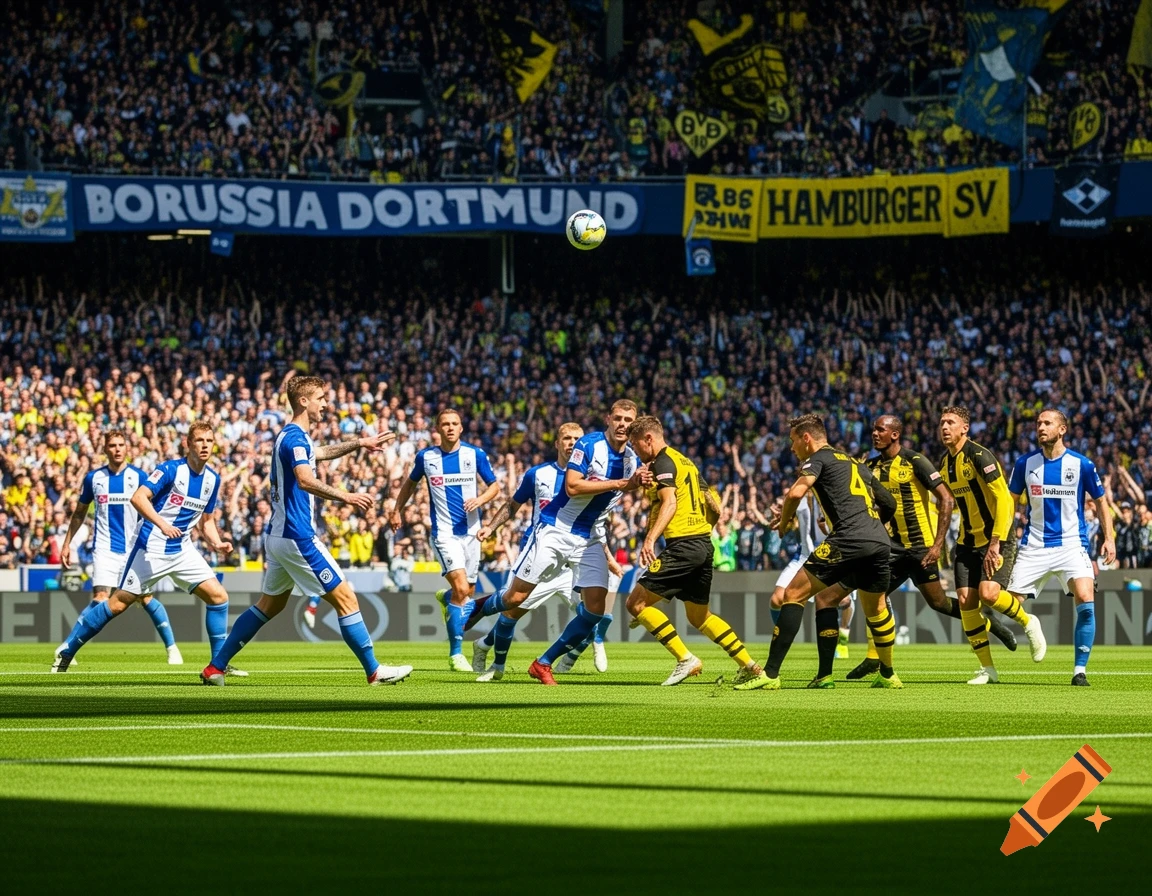 Photorealistic image of a football match with players on a green field and a crowded stadium in the background.