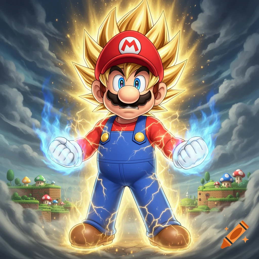 Super Saiyan Mario stands powerfully in a vibrant video game world, surrounded by golden energy, blue flames, and lightning.