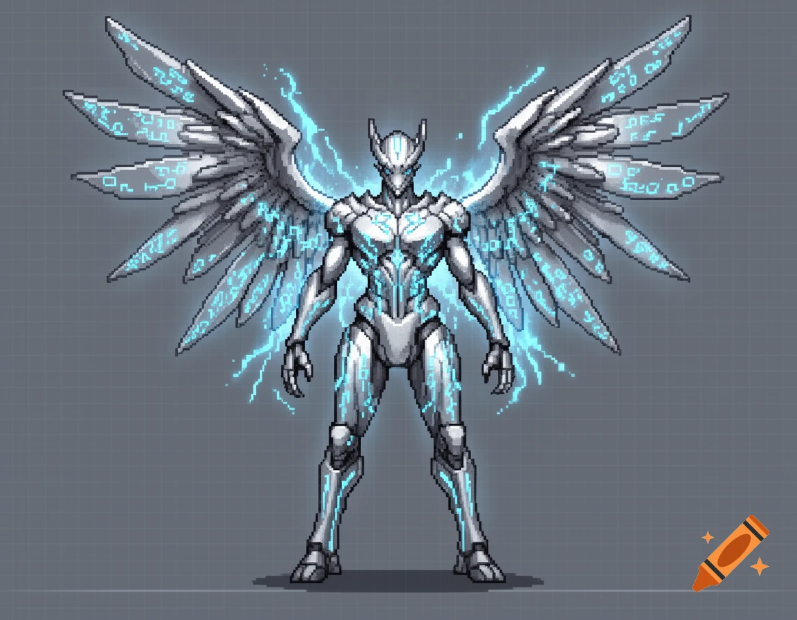 A majestic pixel art rendering of a humanoid monster creature with sleek silver metal armor, large polished wings, and glowing blue energy lines across its body.