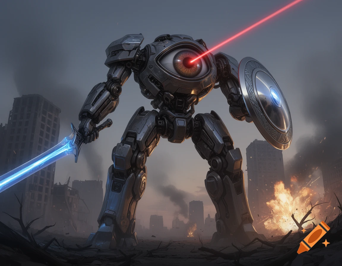 A giant, one-eyed metal robot in a destroyed city, holding a glowing blue sword and a shield, firing a red laser from its eye.