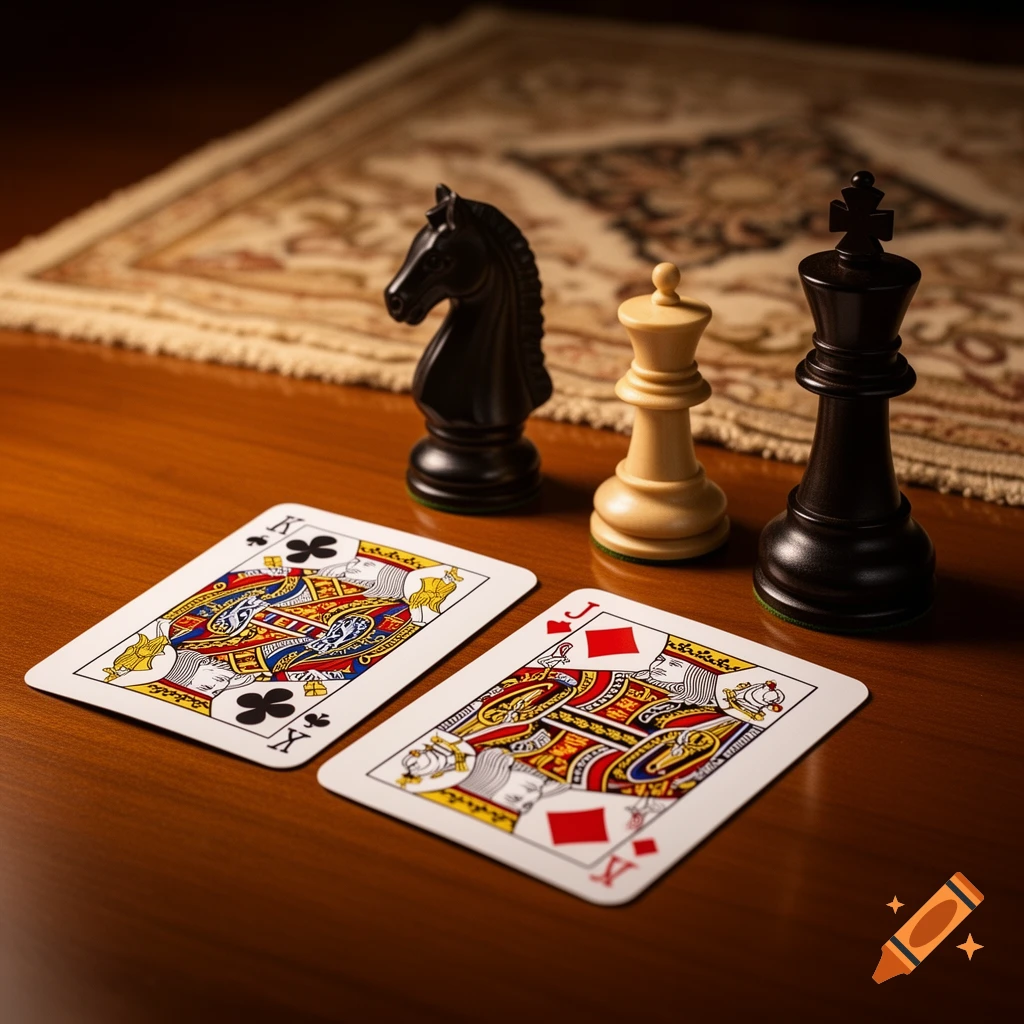 Two playing cards, a King of Clubs and a Jack of Diamonds, and three chess pieces, a black knight, white queen, and black king, rest on a polished wooden table with a patterned rug in the background.