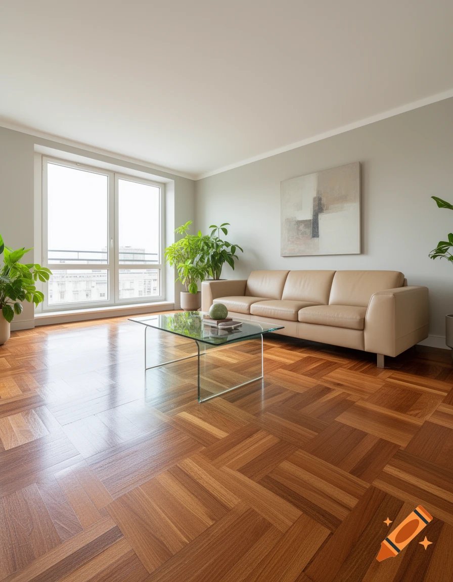 A bright modern living room with a beige sofa, glass coffee table, and green houseplants on a polished herringbone wood floor.