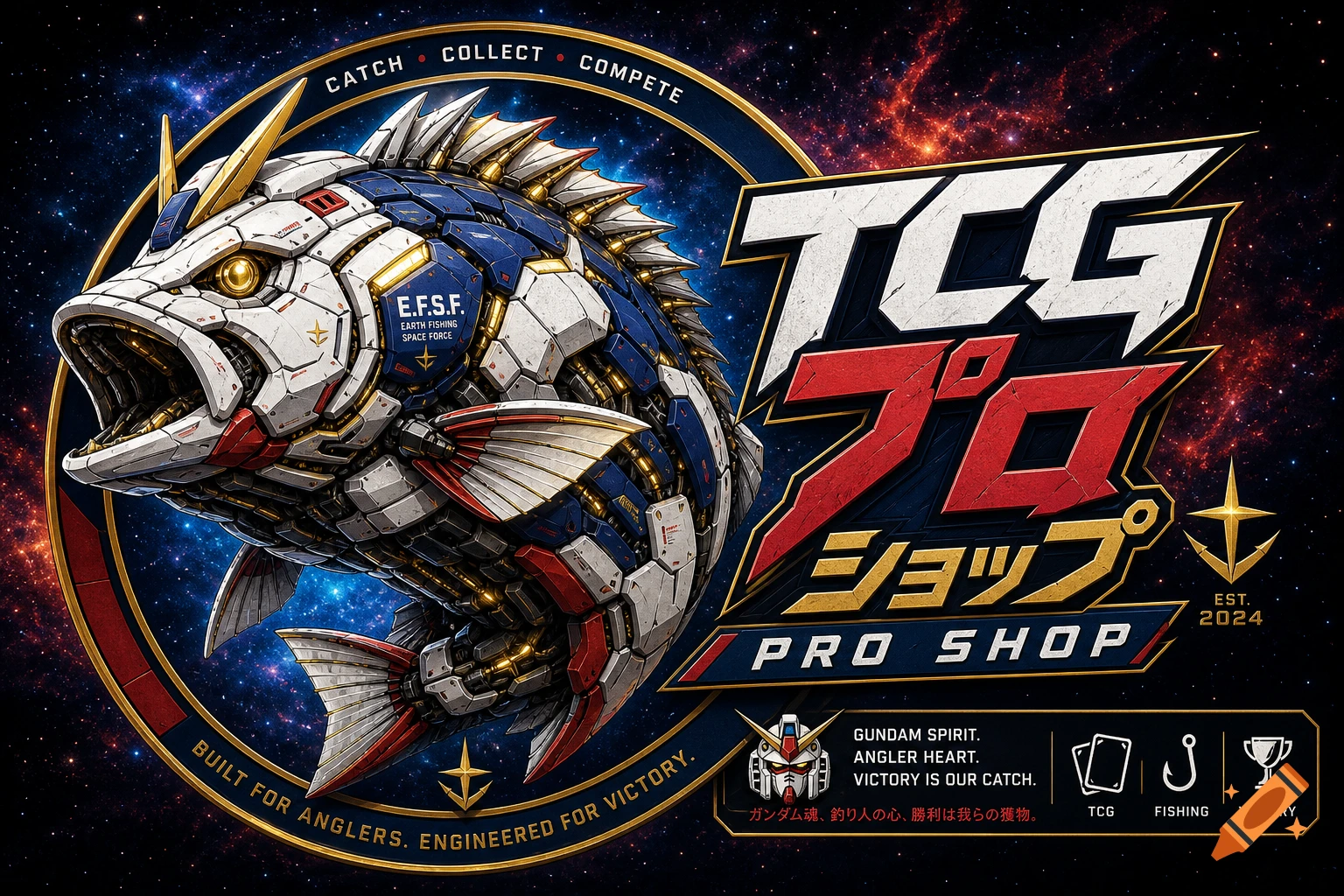 A detailed logo featuring a blue and white mechanical fish with red accents, set against a starry cosmic background. Text includes "TCG PRO SHOP" and "GUNDAM SPIRIT".
