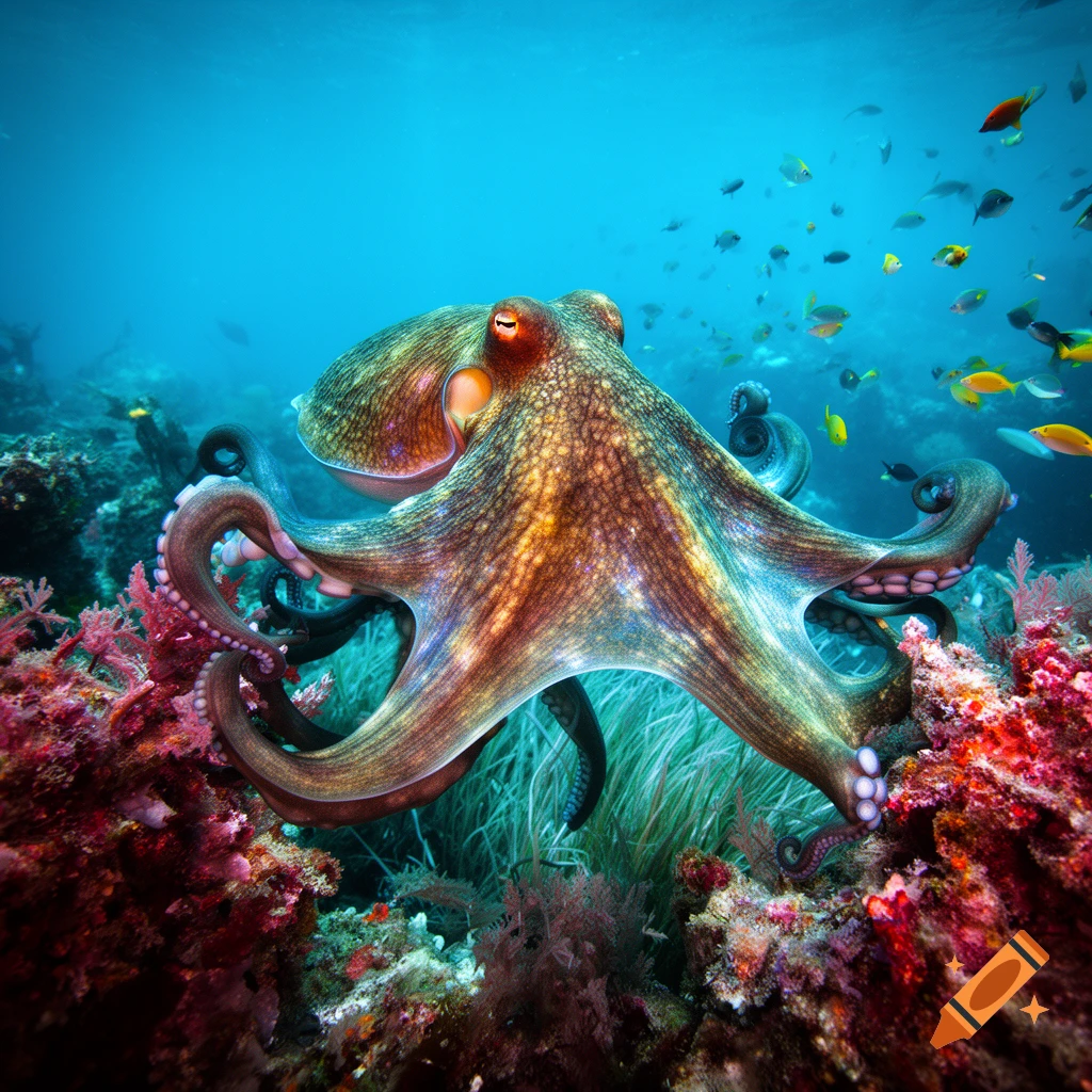 A photorealistic octopus with patterned skin and tentacles, nestled among vibrant red coral and green plants underwater.