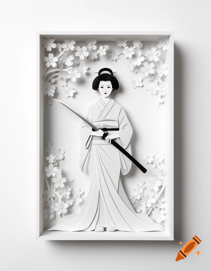 A layered papercut craft of a Japanese woman in a white kimono holding a katana sword, surrounded by white sakura blossoms in a shadow box.