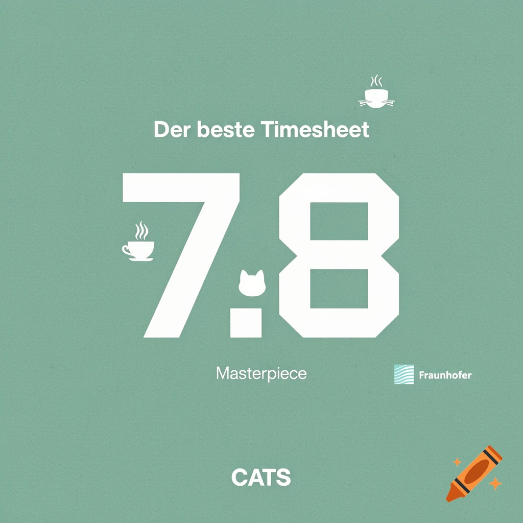 A minimalist graphic design featuring a large '7.8', text 'Der beste Timesheet', 'Masterpiece', 'CATS', with coffee and cat icons on a seagreen background.