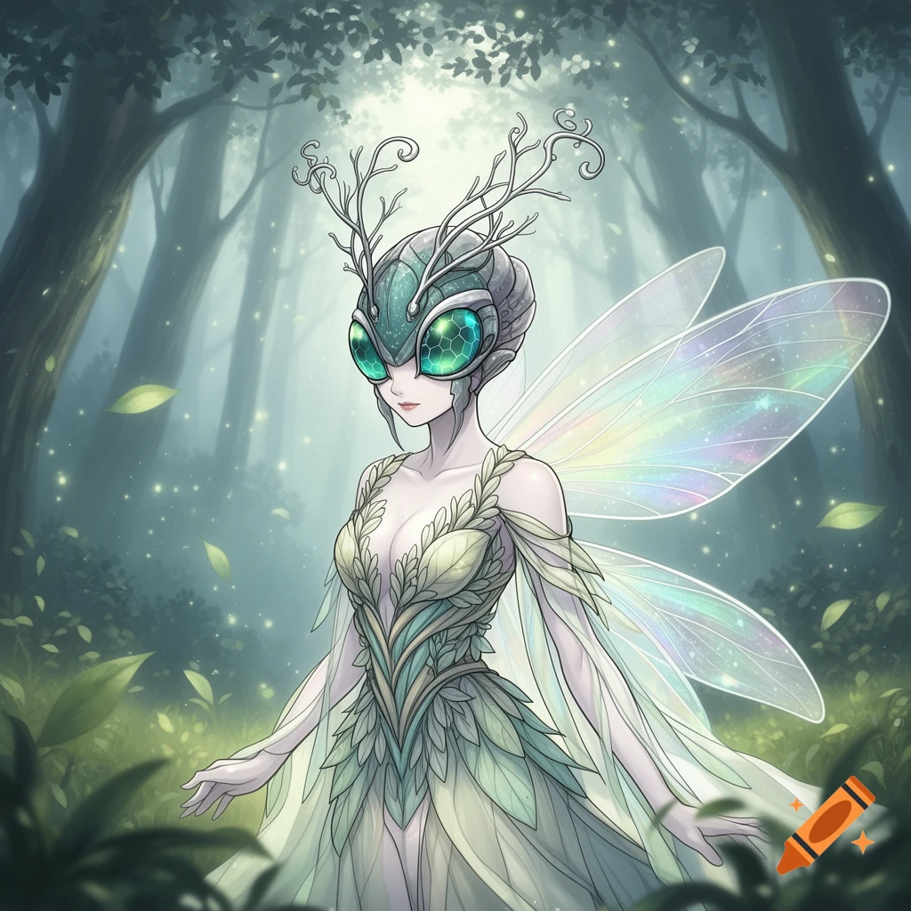 Anime-style fairy with an insect face, large green eyes, translucent wings, and a leaf dress in a magical forest.
