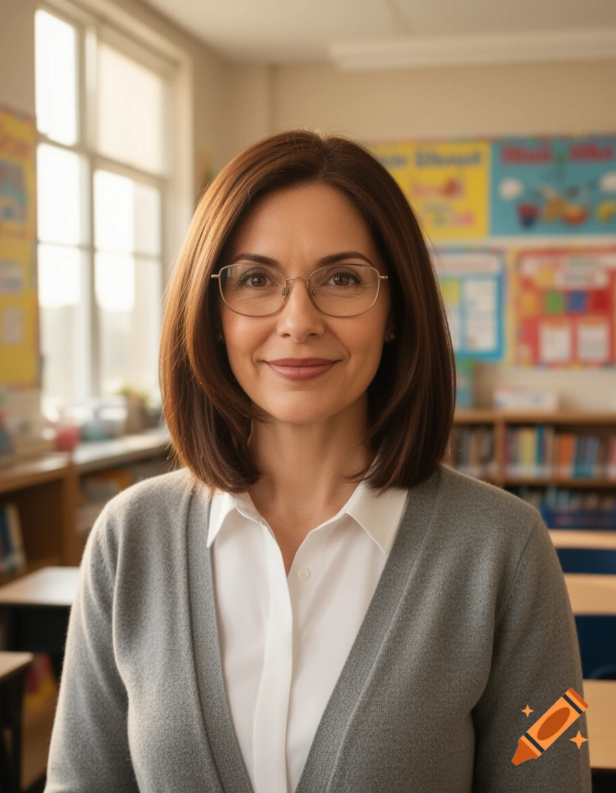 A smiling female teacher with brown hair and glasses, wearing a white shirt and gray cardigan, stands in a brightly lit classroom.