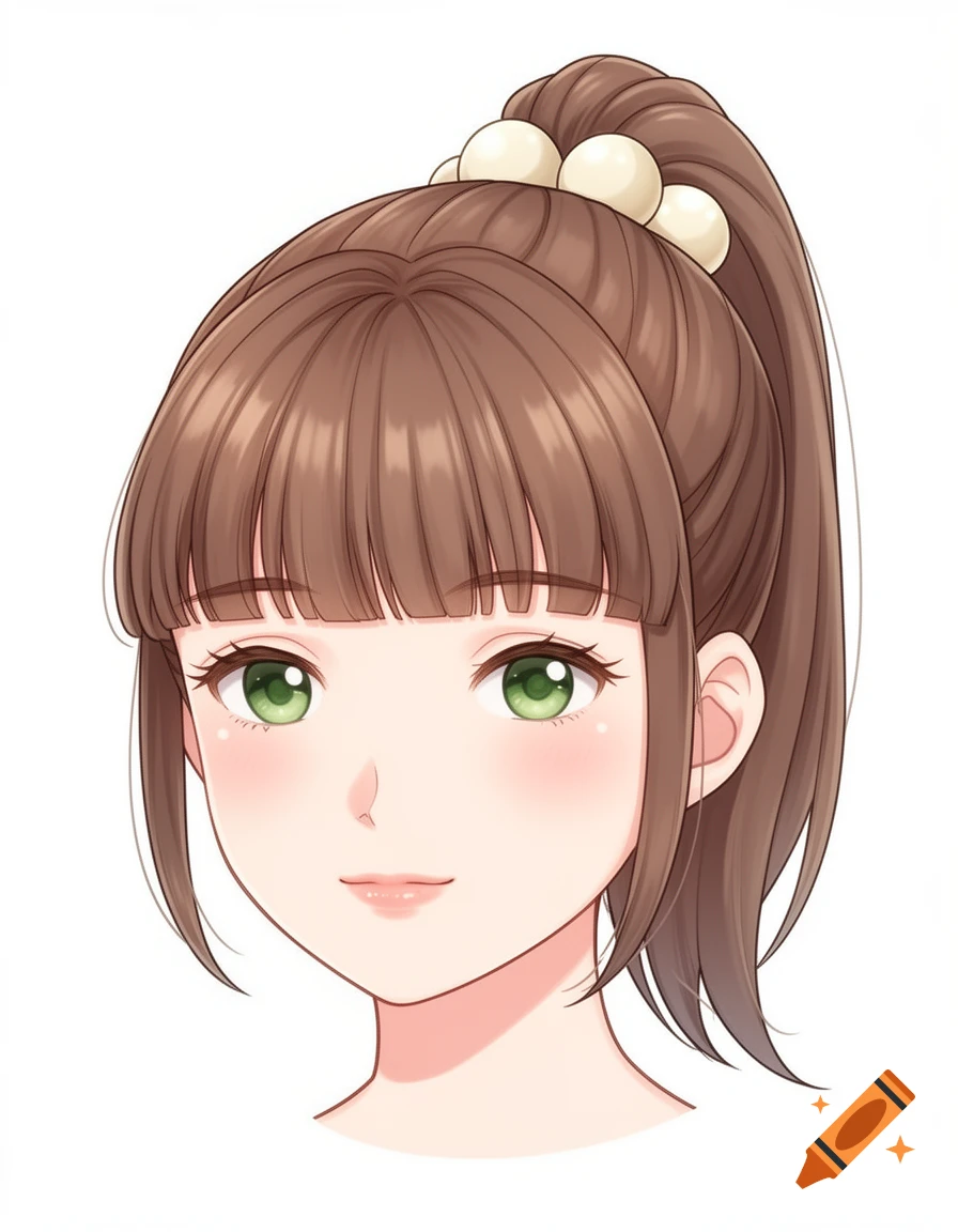 An anime-style portrait of a girl with brown hair in a high ponytail, straight bangs, and green eyes.