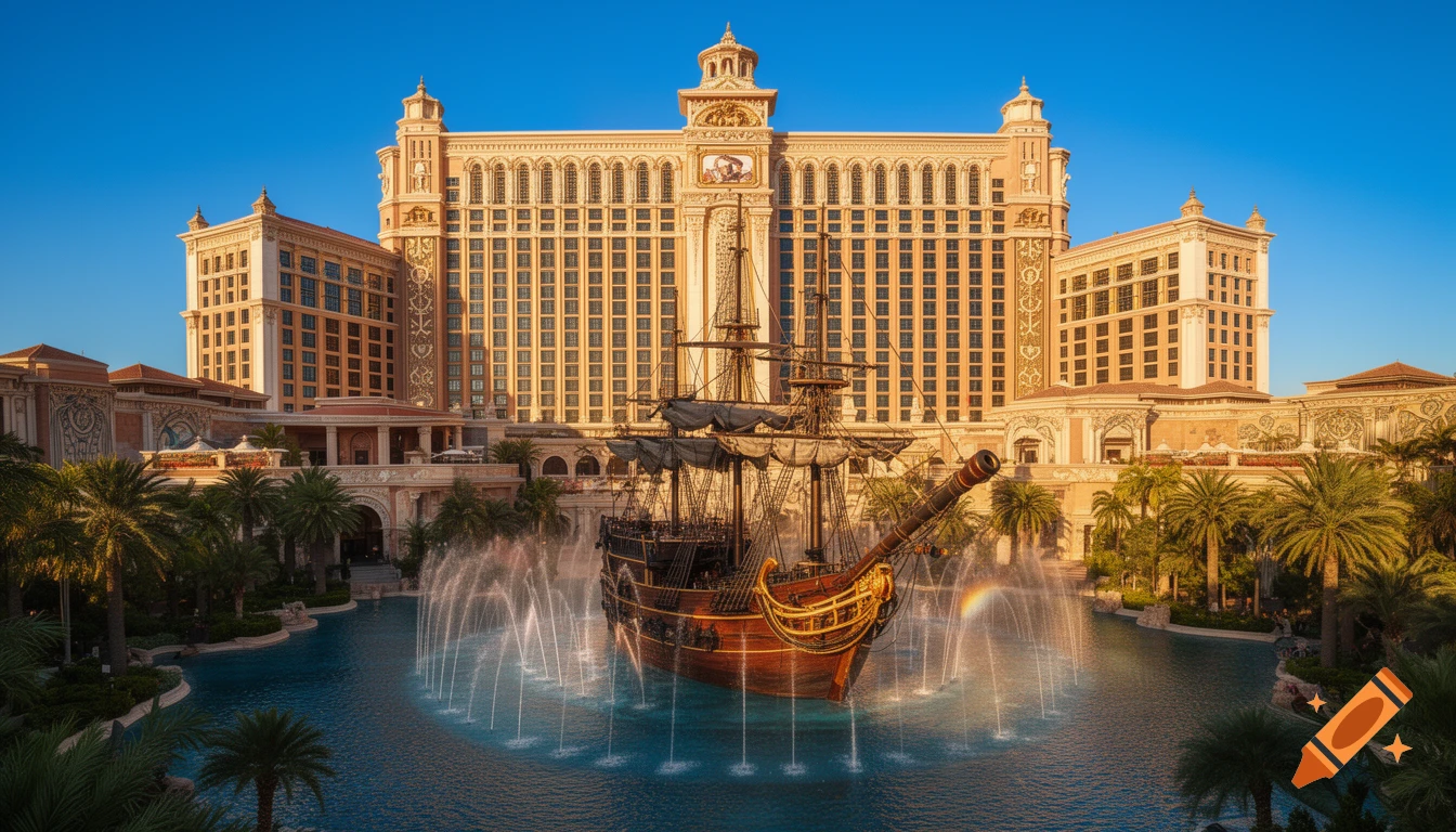 A grand hotel resembling a palace with a pirate ship in a fountain-filled lagoon, surrounded by palm trees under a clear blue sky. Photorealistic.