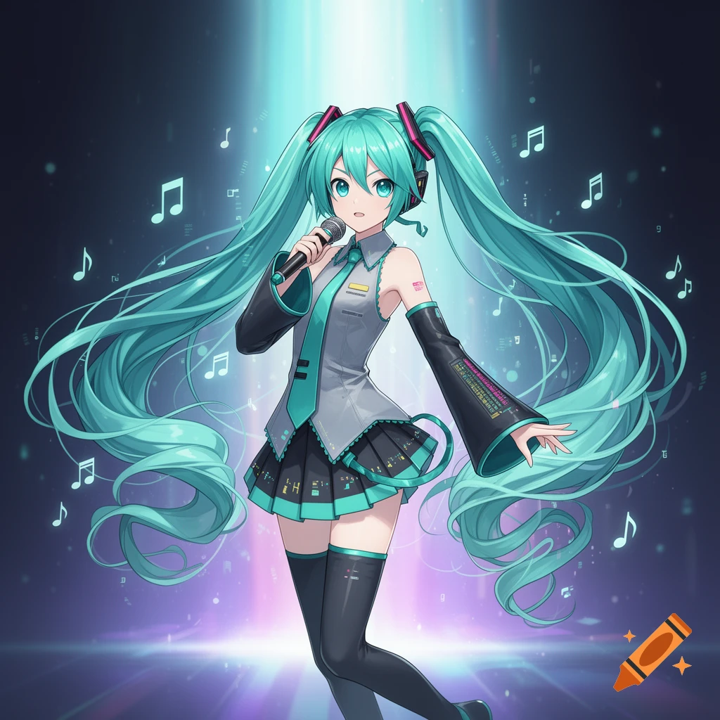 An anime illustration of Hatsune Miku holding a microphone, with long teal pigtails, wearing a gray and black outfit, surrounded by musical notes and glowing light.