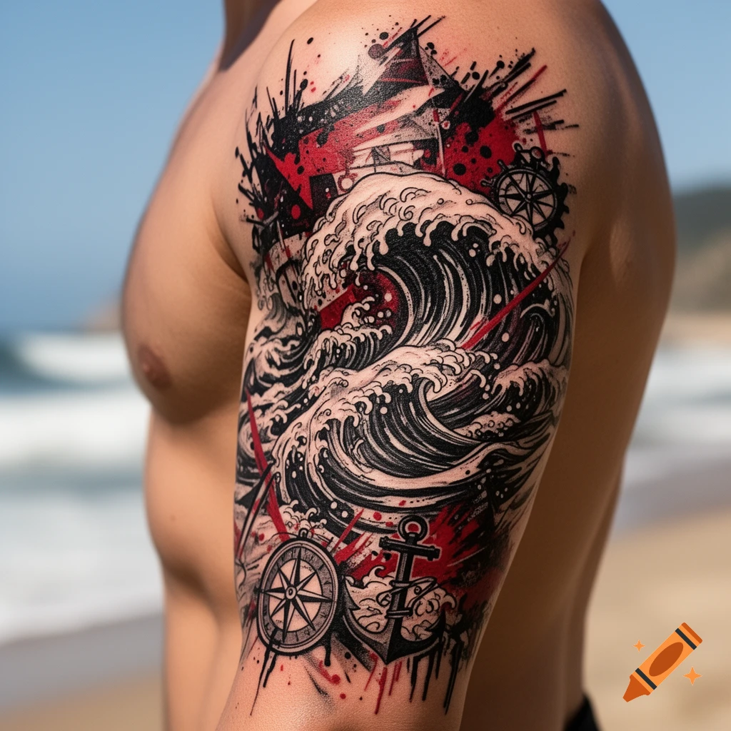 Trash polka style tattoo of ocean waves, an anchor, and a compass on a man's bicep.