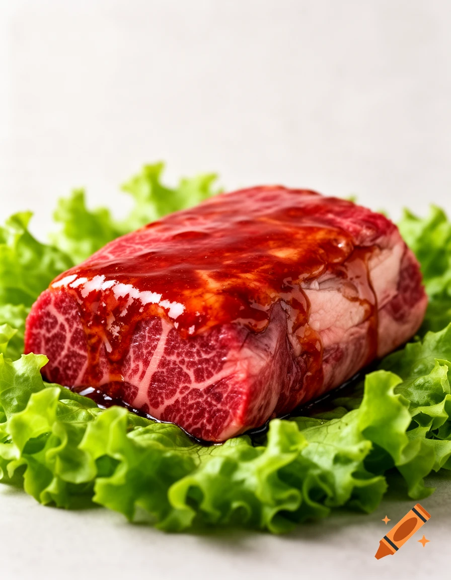Raw, glazed beef with prominent marbling, resting on a bed of fresh green lettuce.