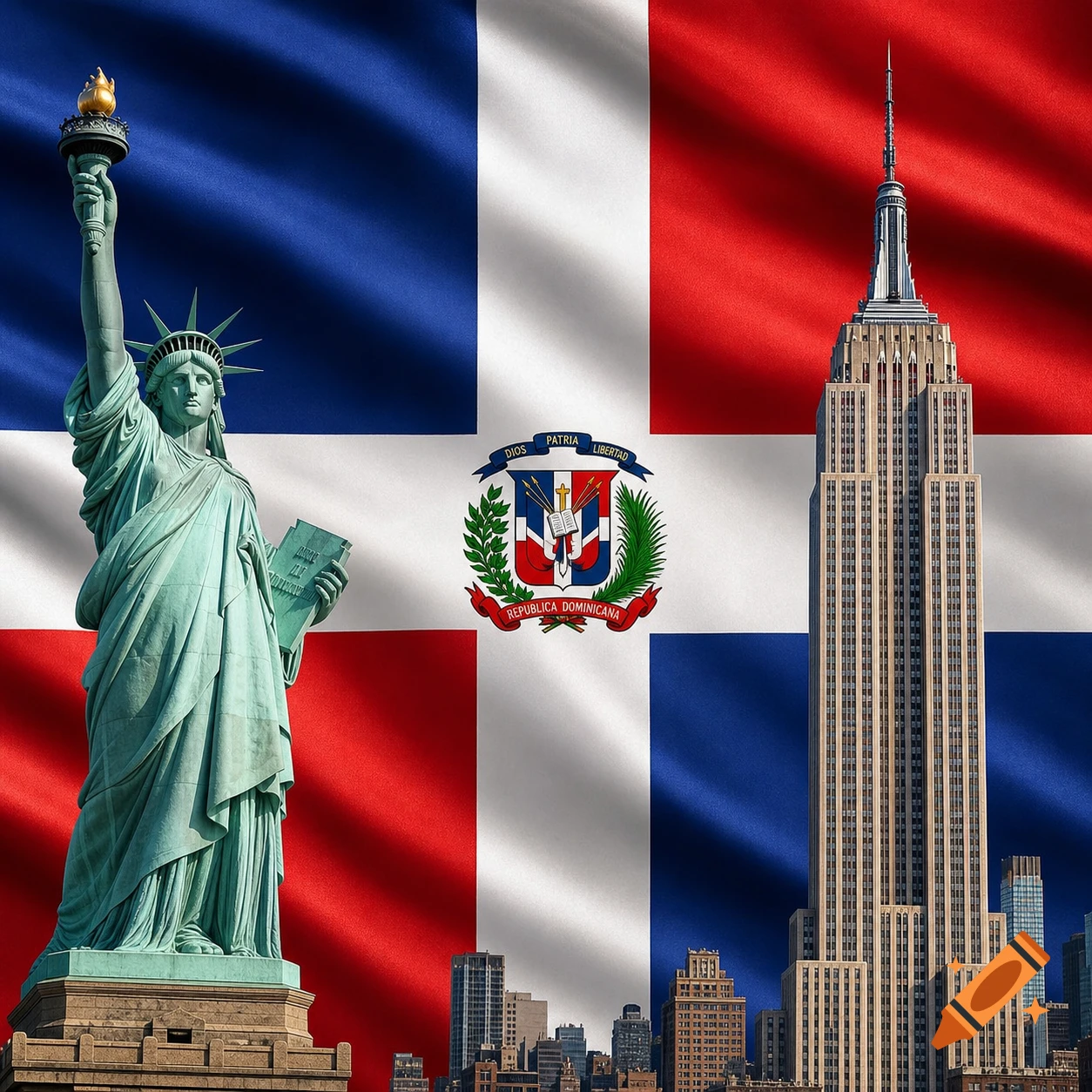 Photorealistic image of the Statue of Liberty and Empire State Building in front of a waving Dominican Republic flag with a city skyline.