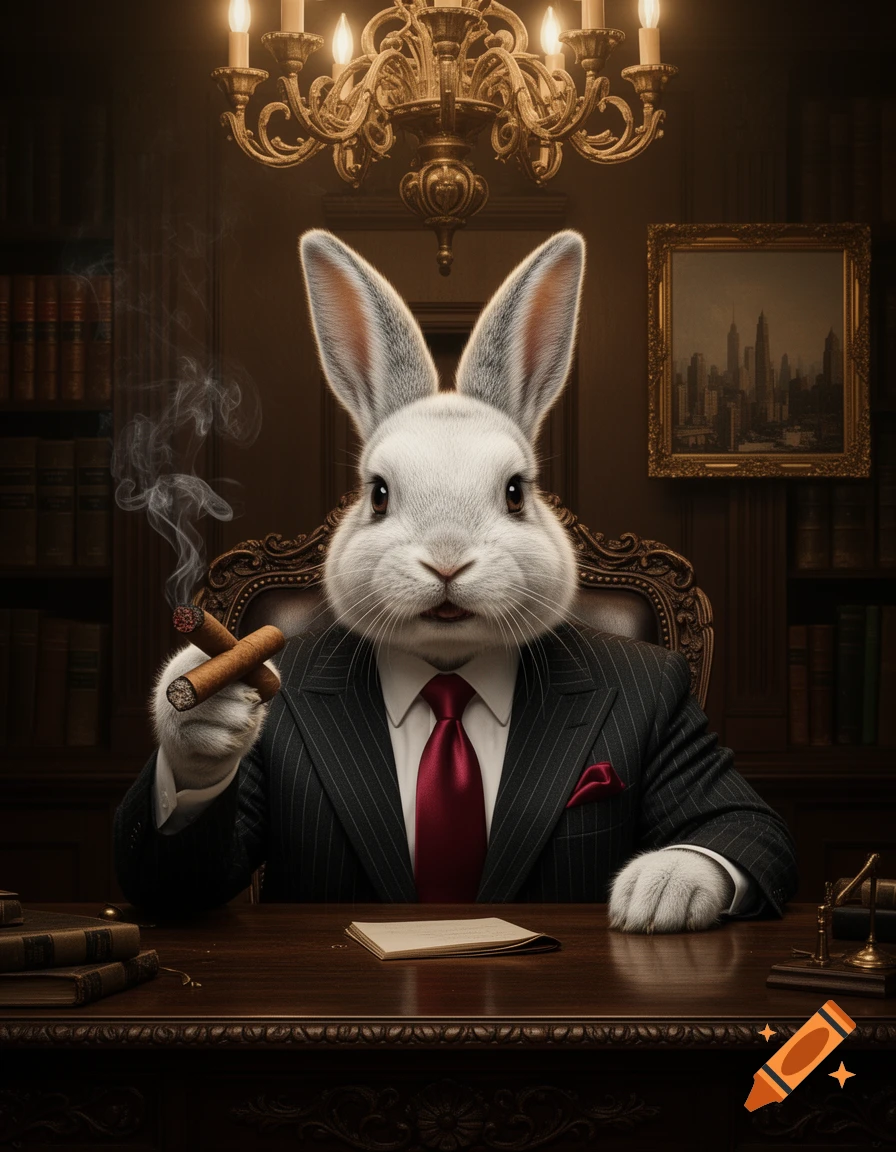 A photorealistic white rabbit in a pinstripe suit and red tie sits at a luxurious desk, smoking a cigar in a dimly lit room.