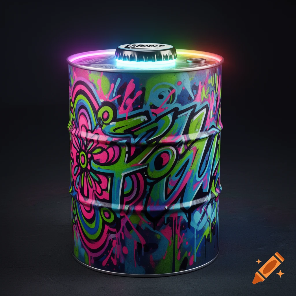 A 70-liter barrel covered in vibrant, colorful street art graffiti, topped with a glowing beer bottle cap lid.