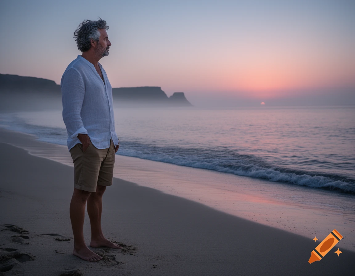 A man with grey hair stands barefoot on a sandy beach, looking at the ocean during a pink sunset with distant cliffs.