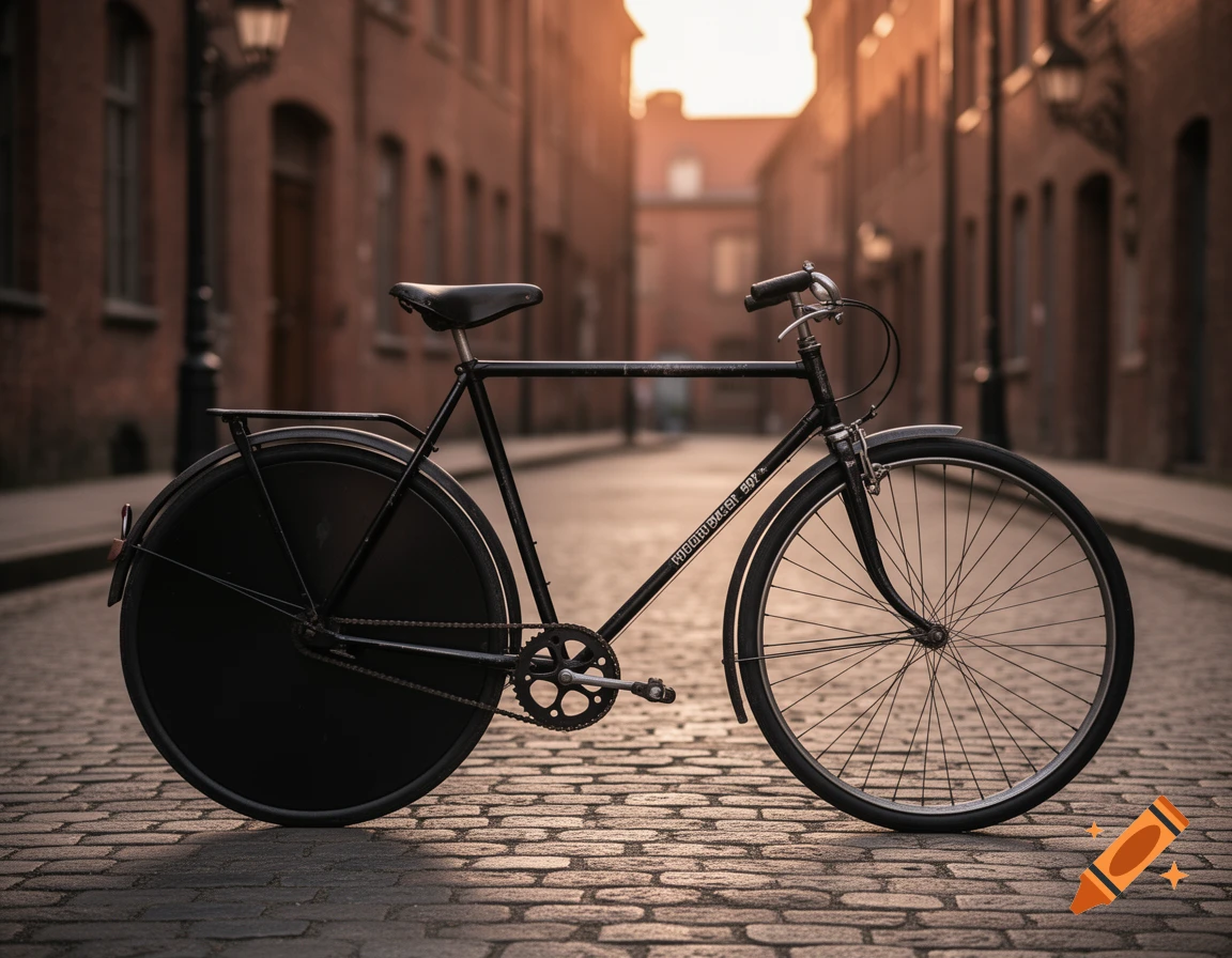 An old black bicycle with a black disc rear wheel is parked on a cobblestone street in a warm, sunlit brick alleyway.