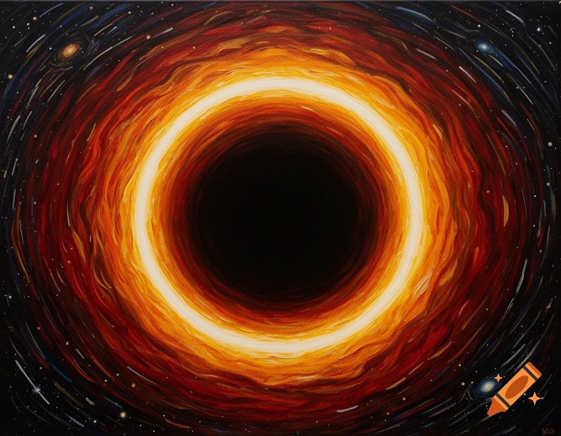A vibrant painting of a black hole with a glowing orange and gold accretion disk and swirling brushstrokes, surrounded by distant stars.