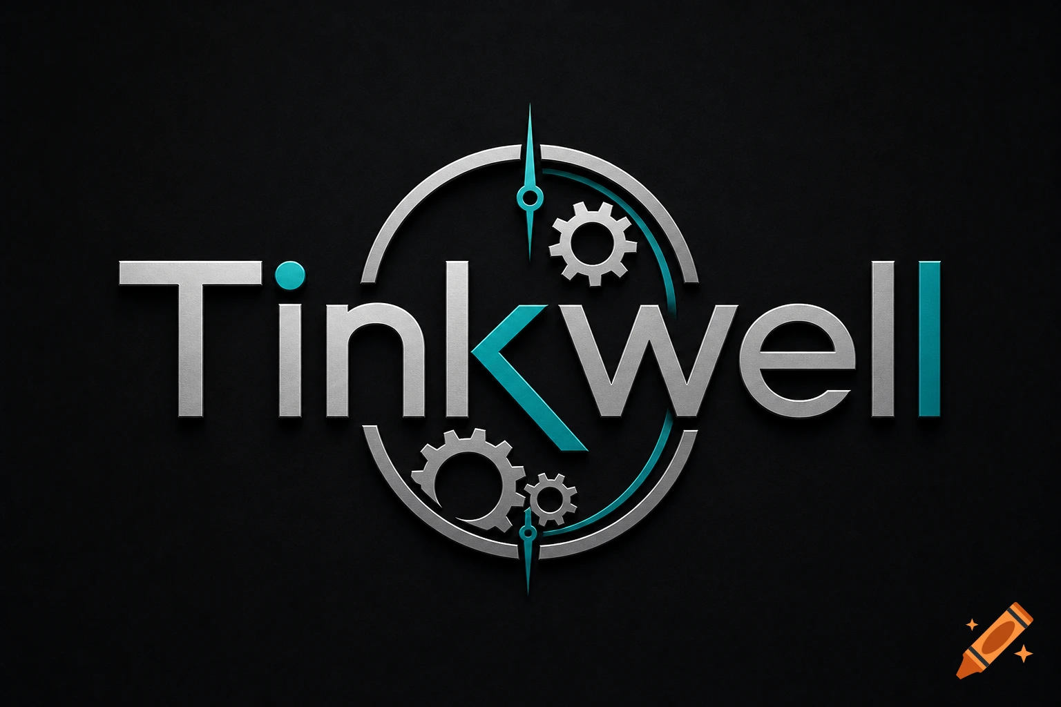 Silver and turquoise logo for 'Tinkwell' featuring gears and a compass design on a black background.