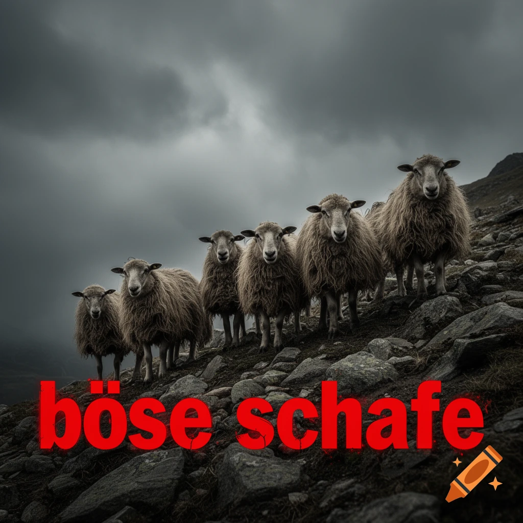 Six shaggy sheep stand on a rocky hillside under a dark, cloudy sky, with "böse schafe" in red text.