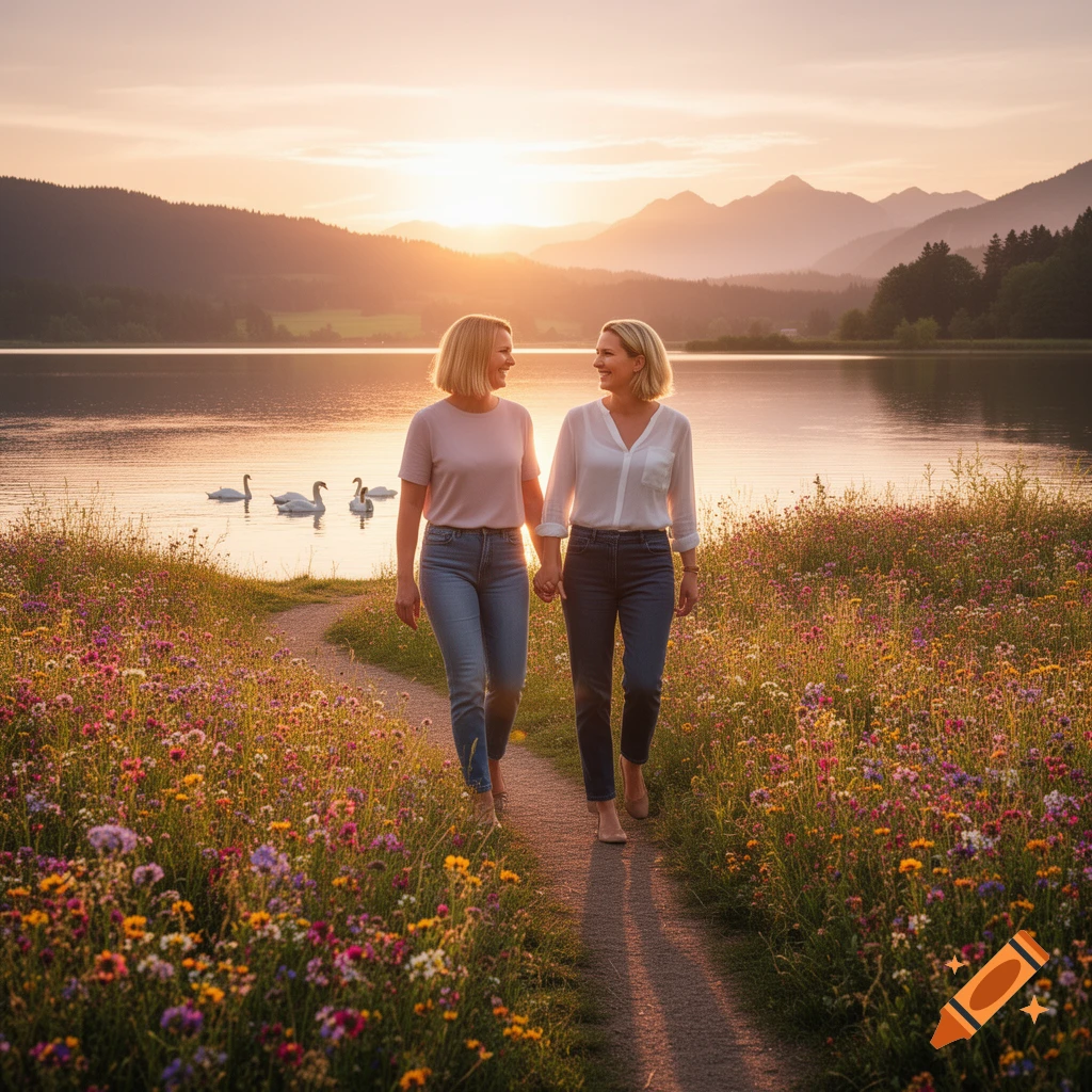 Two women holding hands walk on a path through a field of wildflowers next to a lake with mountains at sunset.