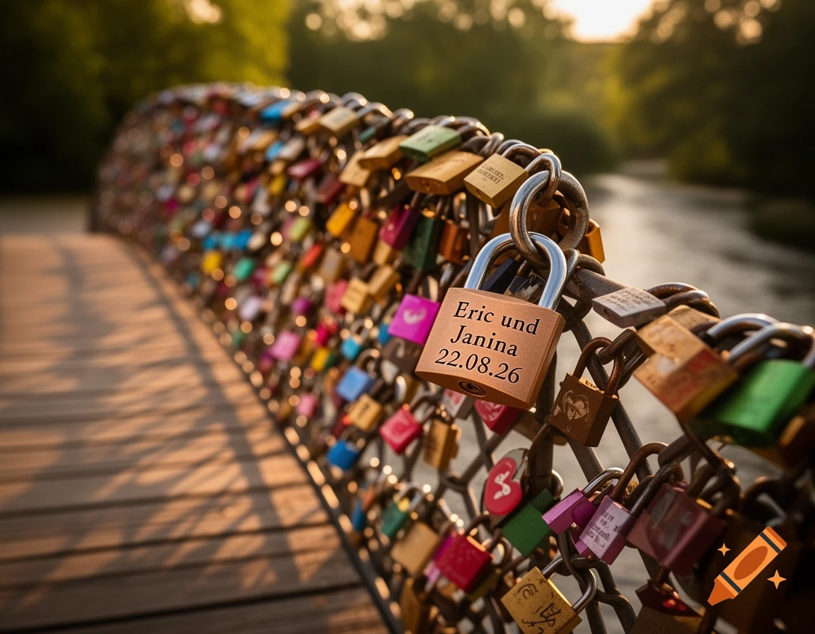 Close-up of love locks on a bridge railing at sunset, with a main lock engraved 'Eric und Janina 22.08.26'.