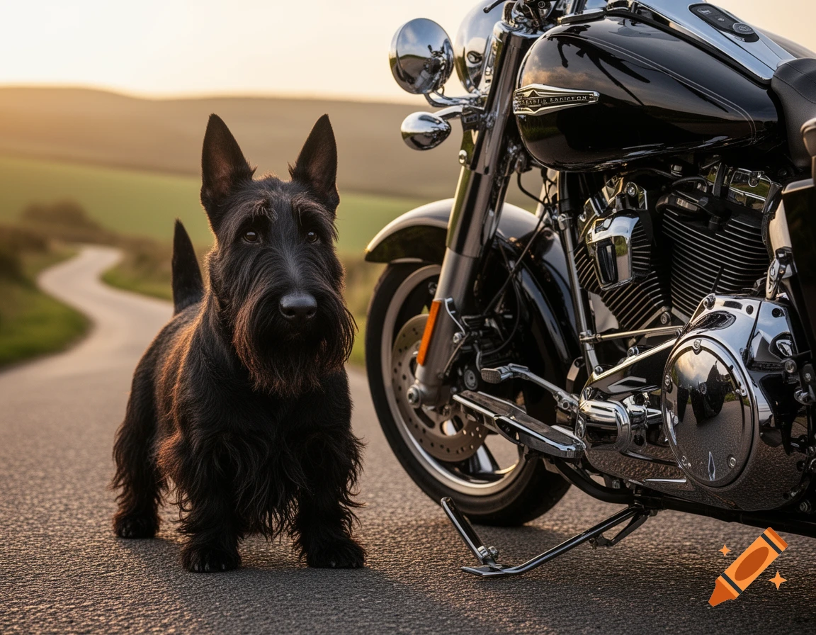 A black Scottish Terrier dog stands next to a black Harley Davidson motorcycle on a winding road at sunset.