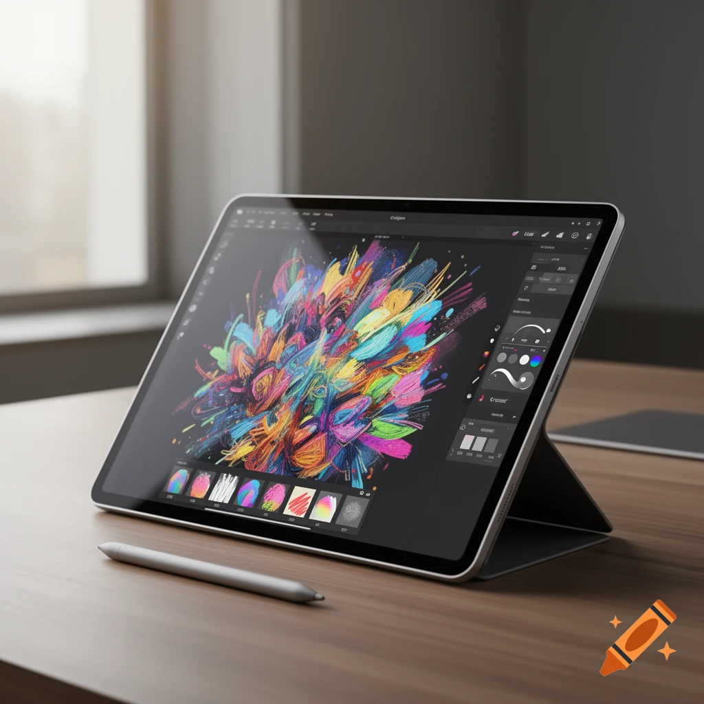 A tablet displays a vibrant, colorful digital painting on a dark background, with a stylus resting on a wooden desk beside it. The screen shows a software interface.
