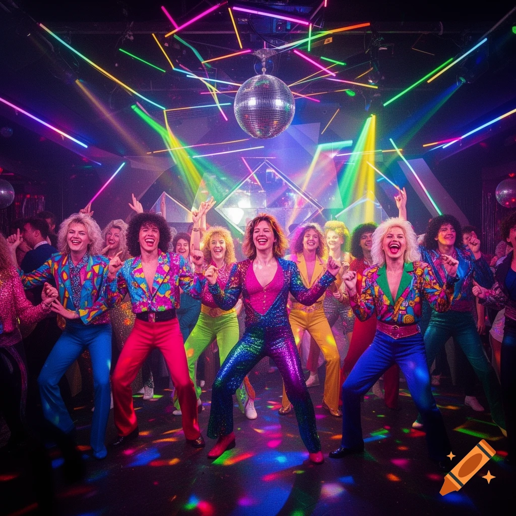 Vibrant photo of people in colorful 80s disco outfits dancing and laughing under a disco ball and neon lights.