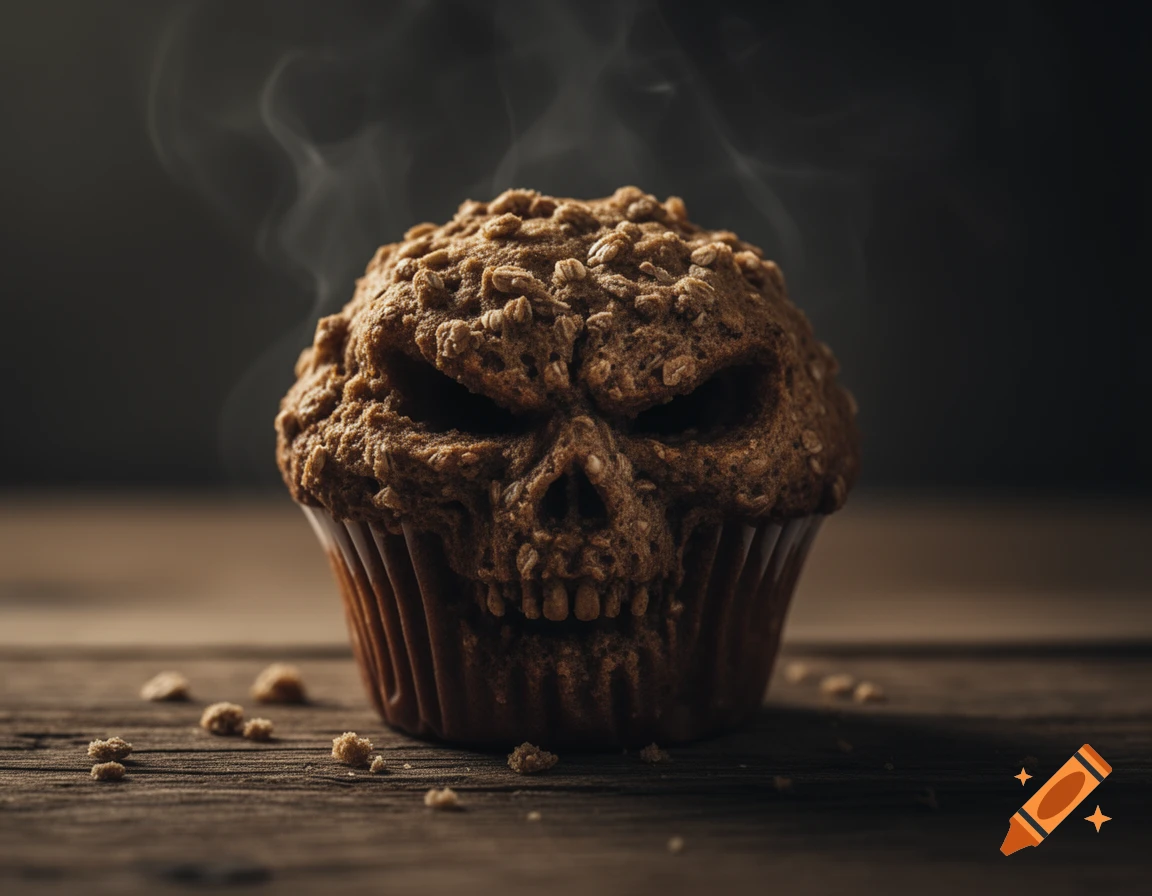 A steaming, skull-shaped bran muffin with oats, resting on a rustic wooden table.