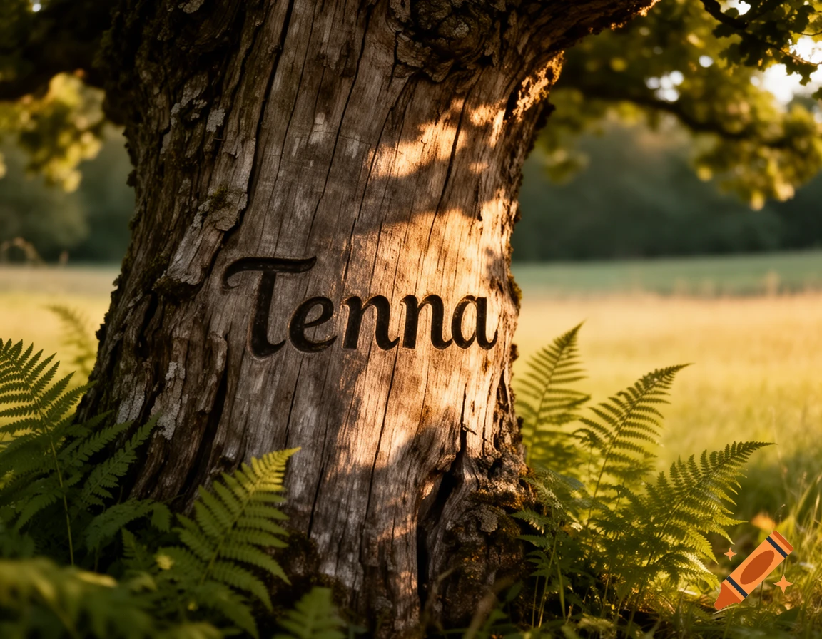 The name "Tenna" carved into a sunlit tree trunk with ferns at its base, in a photorealistic style.