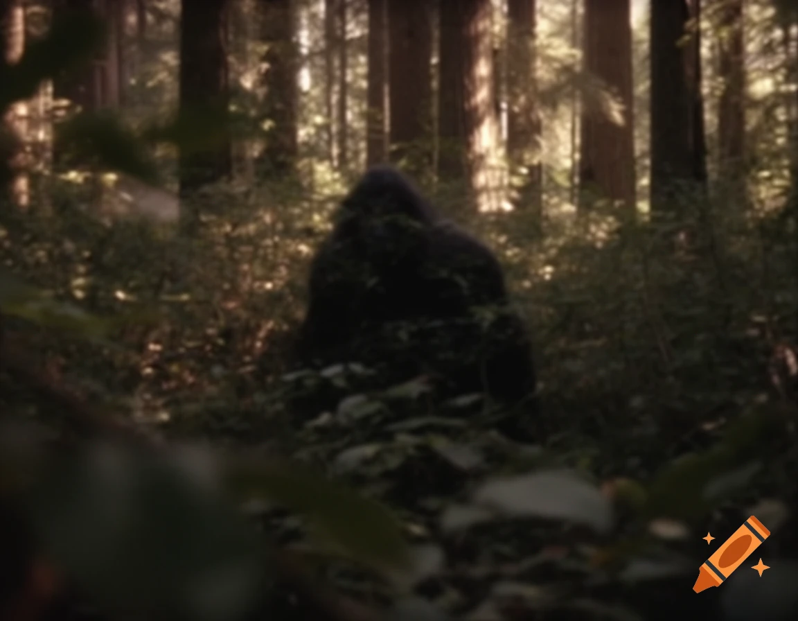 A blurry, dark figure, possibly Bigfoot, partially obscured by foliage in a dense, sun-dappled forest, captured with a low-quality camera.
