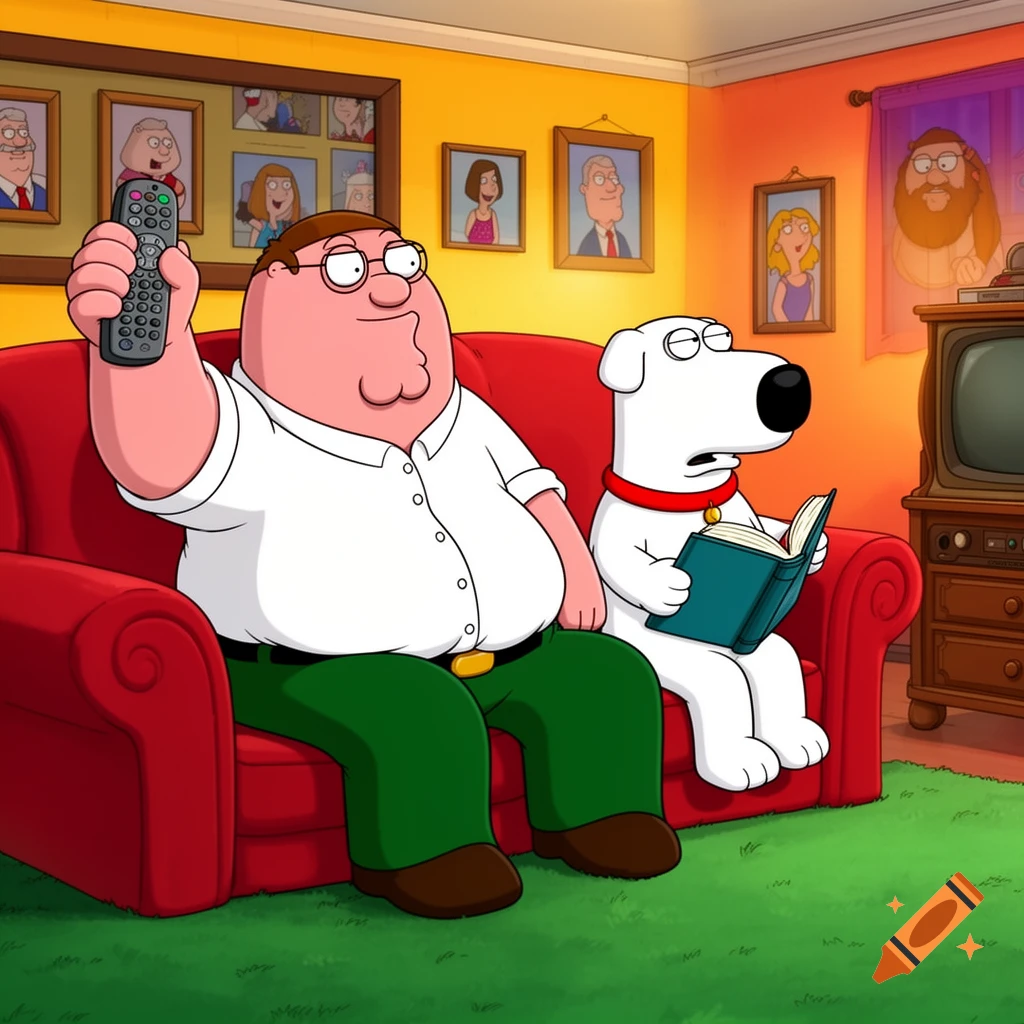 Peter Griffin holds a TV remote while sitting on a red couch next to Brian Griffin, who is reading a book, in a cartoon living room.