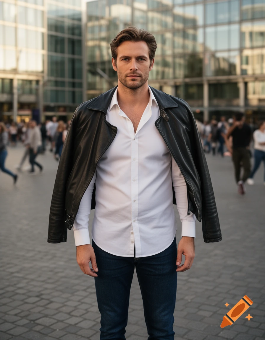 A photorealistic portrait of a stylish man in a leather jacket and white shirt, standing in a city square with modern buildings.