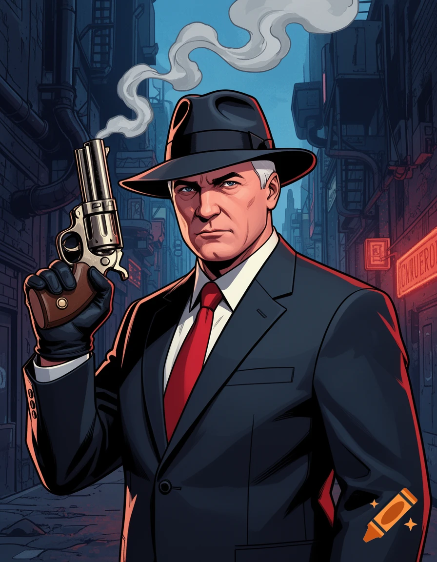 A stylized illustration of a man in a black suit and fedora holding a smoking revolver in a dark city alley.