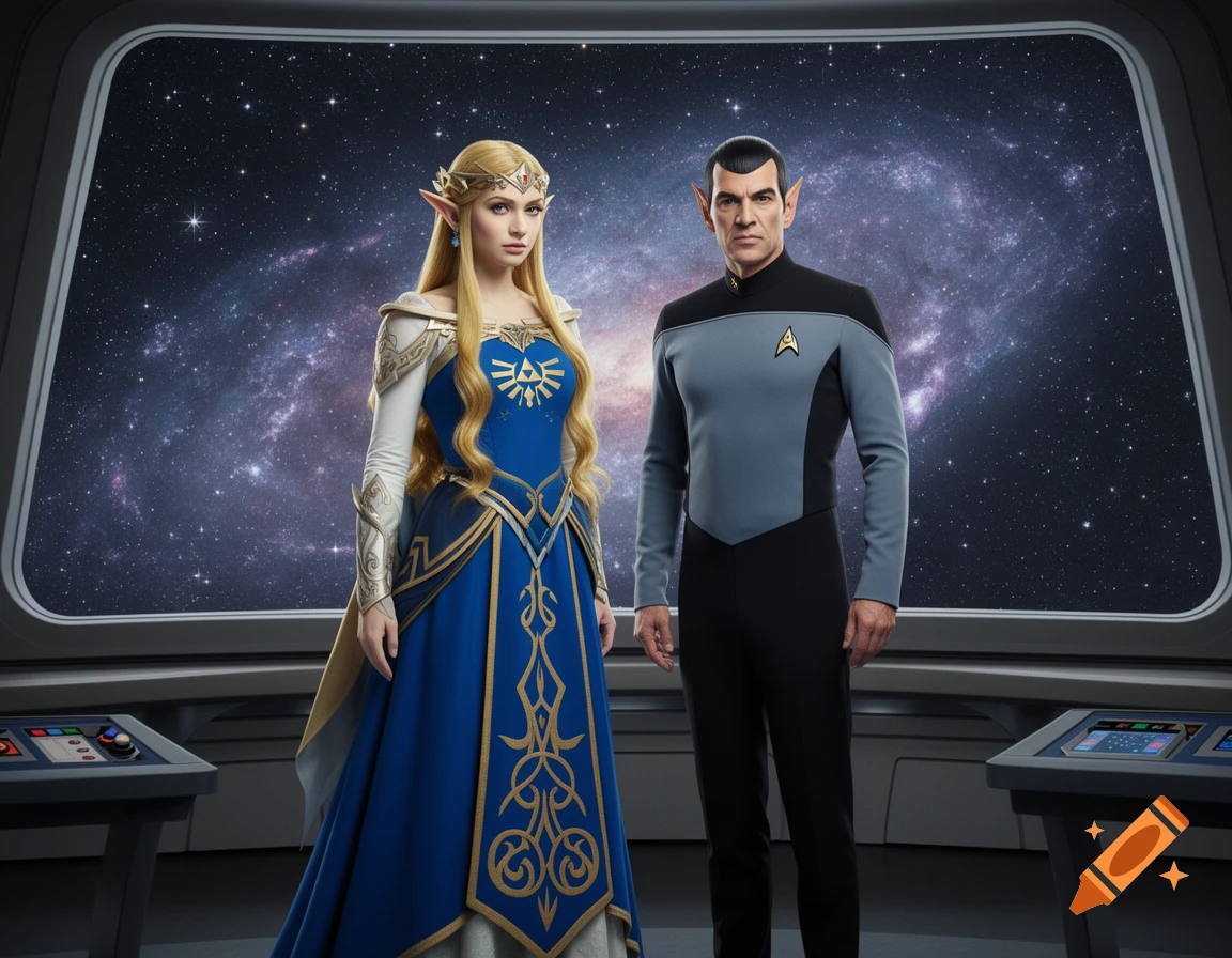 A photorealistic image of Princess Zelda in a blue dress with Hylian crest and a Vulcan in a Starfleet uniform, standing on a spaceship bridge with a view of a galaxy.