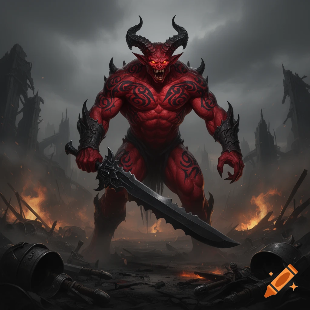 A muscular red demon warrior with horns and tribal tattoos wields a large sword in a burning, desolate landscape under a stormy sky.