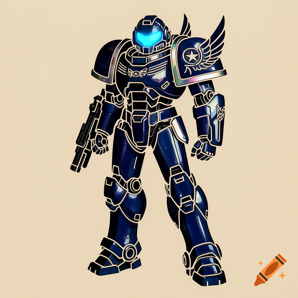 Dark blue futuristic armored space marine holding a rifle, with glowing blue visor eyes, depicted in a stencil-like style.
