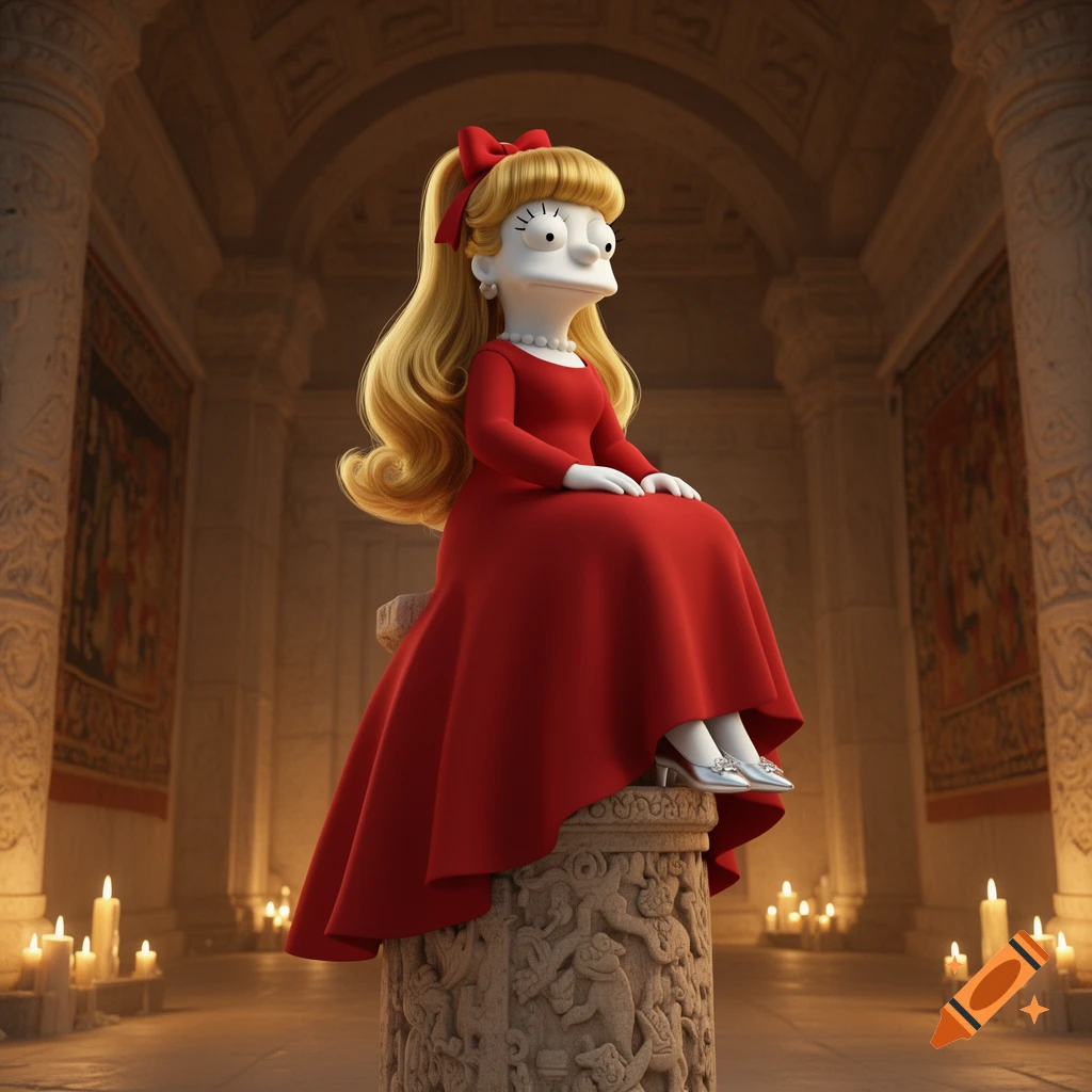 A 3D render of a stylized Maggie Simpson in a red dress with long blonde hair and a red bow, sitting on an ornate pillar in a temple.
