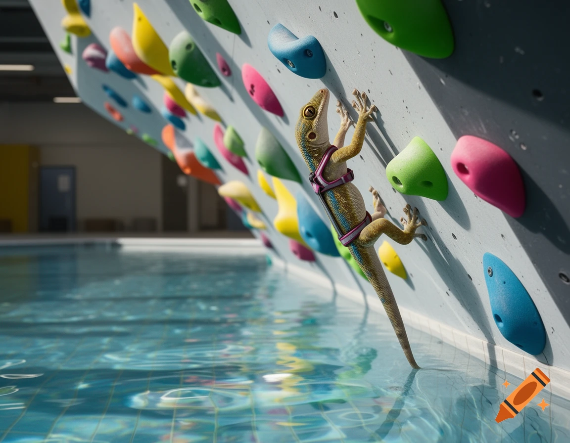 A photorealistic gecko wearing a pink harness climbs a colorful rock wall over a shimmering blue swimming pool.