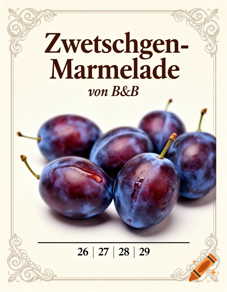 A label for plum jam featuring several dark purple plums with water droplets, and text 'Zwetschgen-Marmelade von B&B' and '26 | 27 | 28 | 29' within an ornate border.