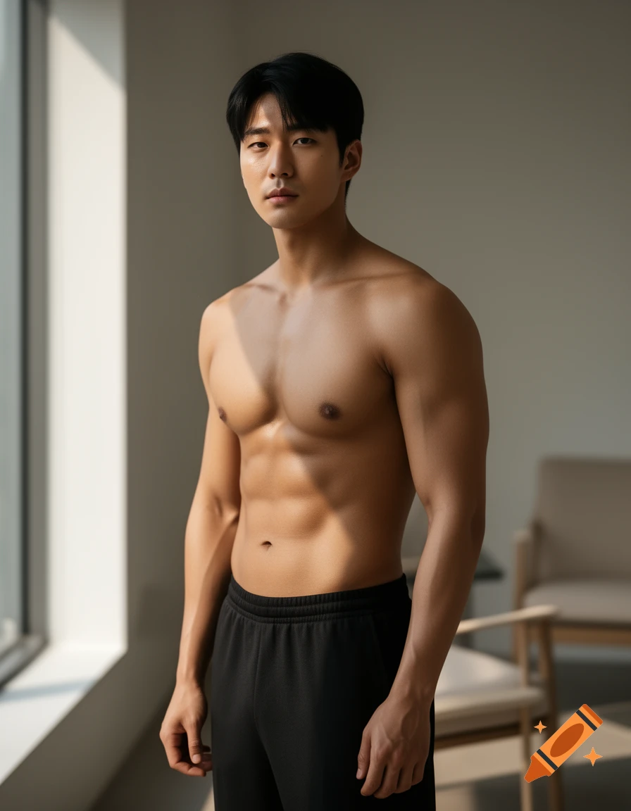 A shirtless Asian man with a muscular physique, wearing black sweatpants, standing indoors near a sunlit window.