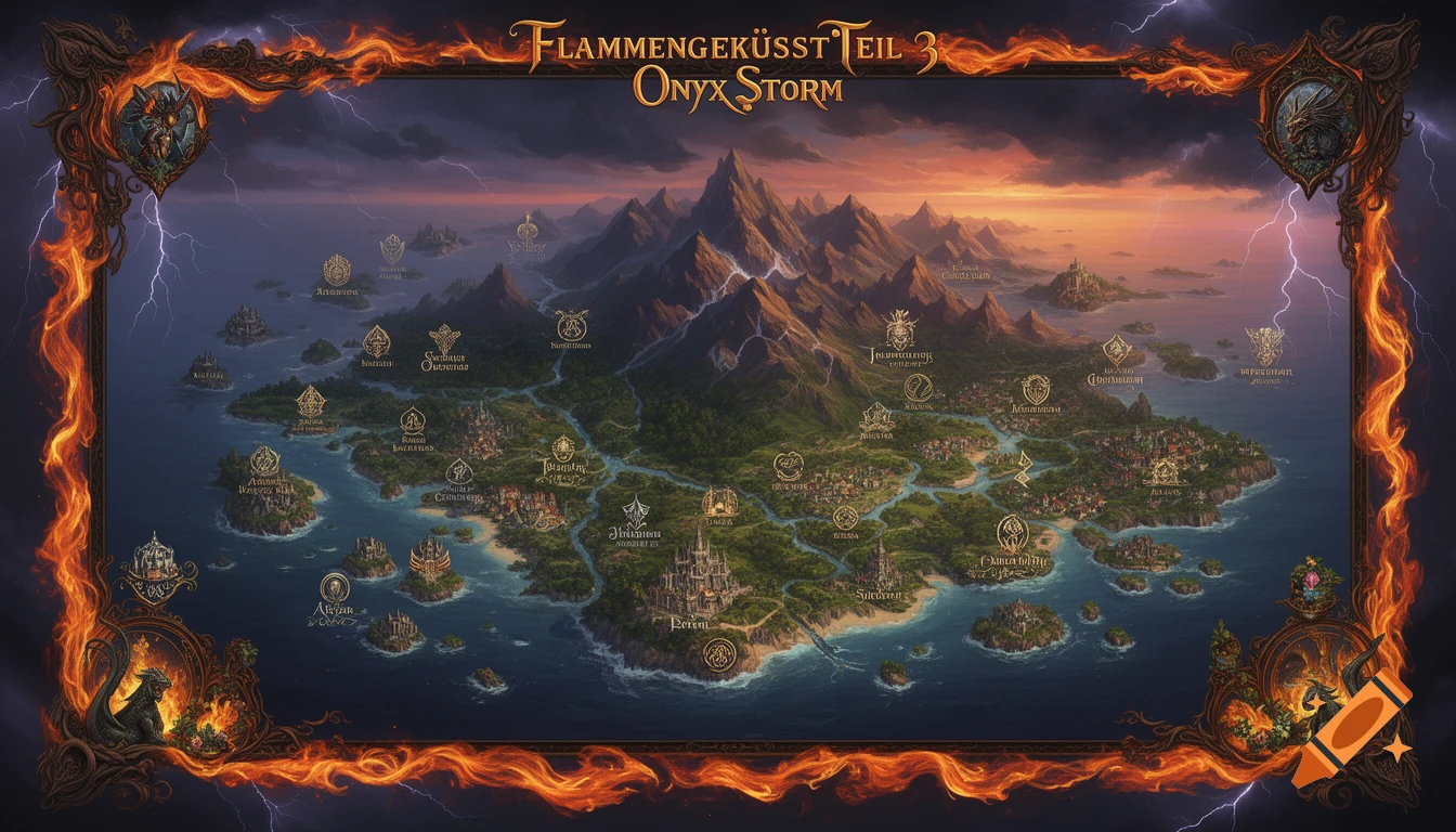 A detailed fantasy world map with mountains, rivers, islands, and coastal towns under a dramatic sunset sky, framed by a fiery border with dragon motifs.