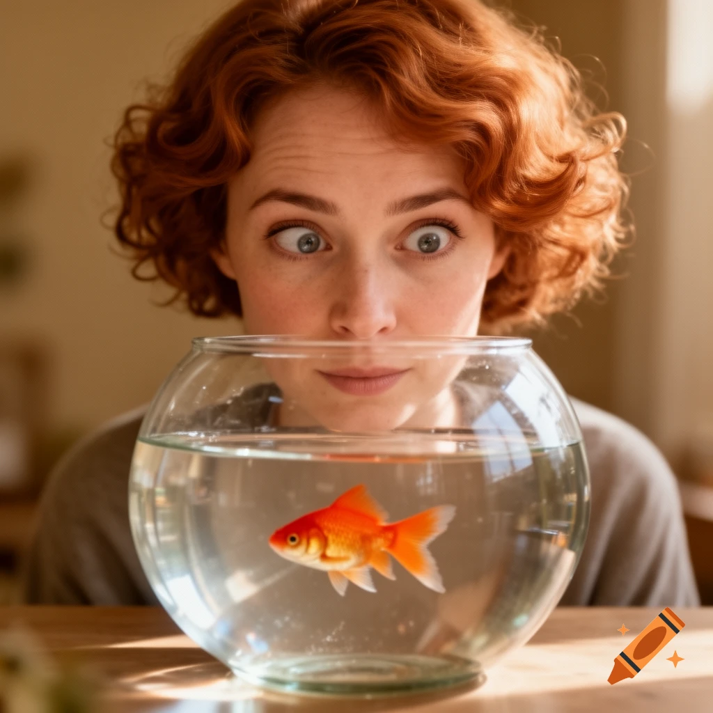 A woman with red curly hair looks cross-eyed at a goldfish swimming in a clear glass fishbowl, shot from the front.