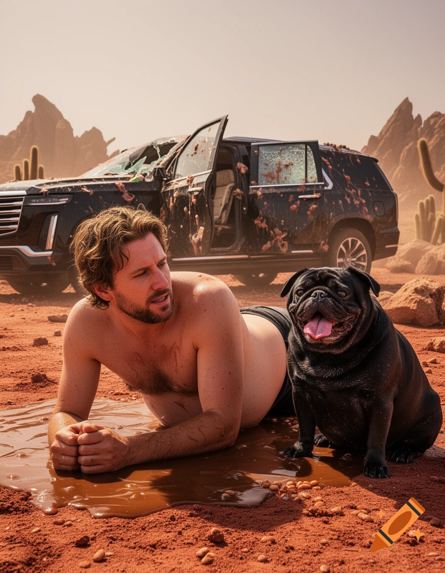 A man lies shirtless in a puddle of brown liquid in a desert, looking toward a black pug next to him. A damaged black SUV covered in brown debris and beans is in the background.
