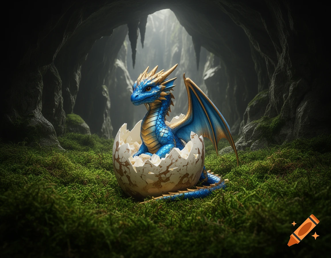 A blue and gold baby dragon hatches from a cracked egg, nestled in moss inside a dark cave with stalactites.